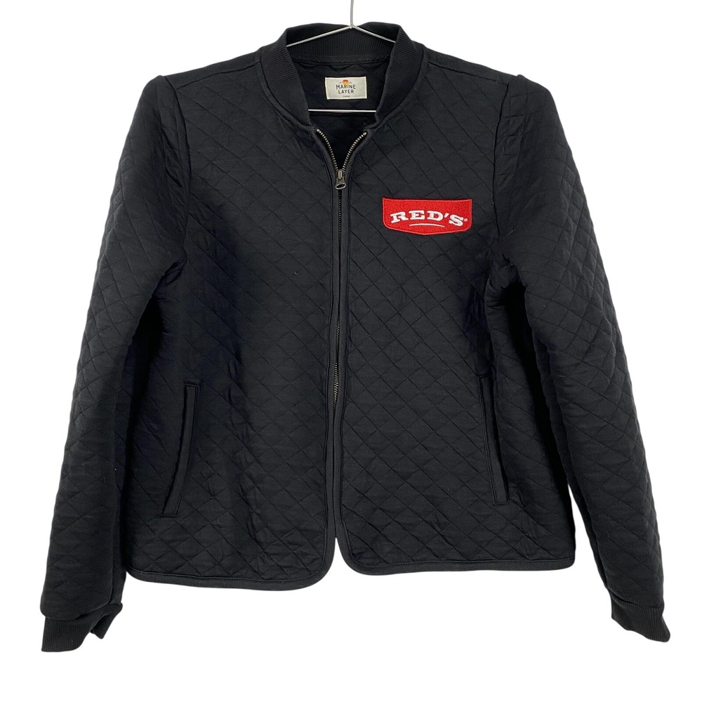Marine Layer Jacket Womens Large Black Diamond Quilted Bomber Zip RED'S Patch